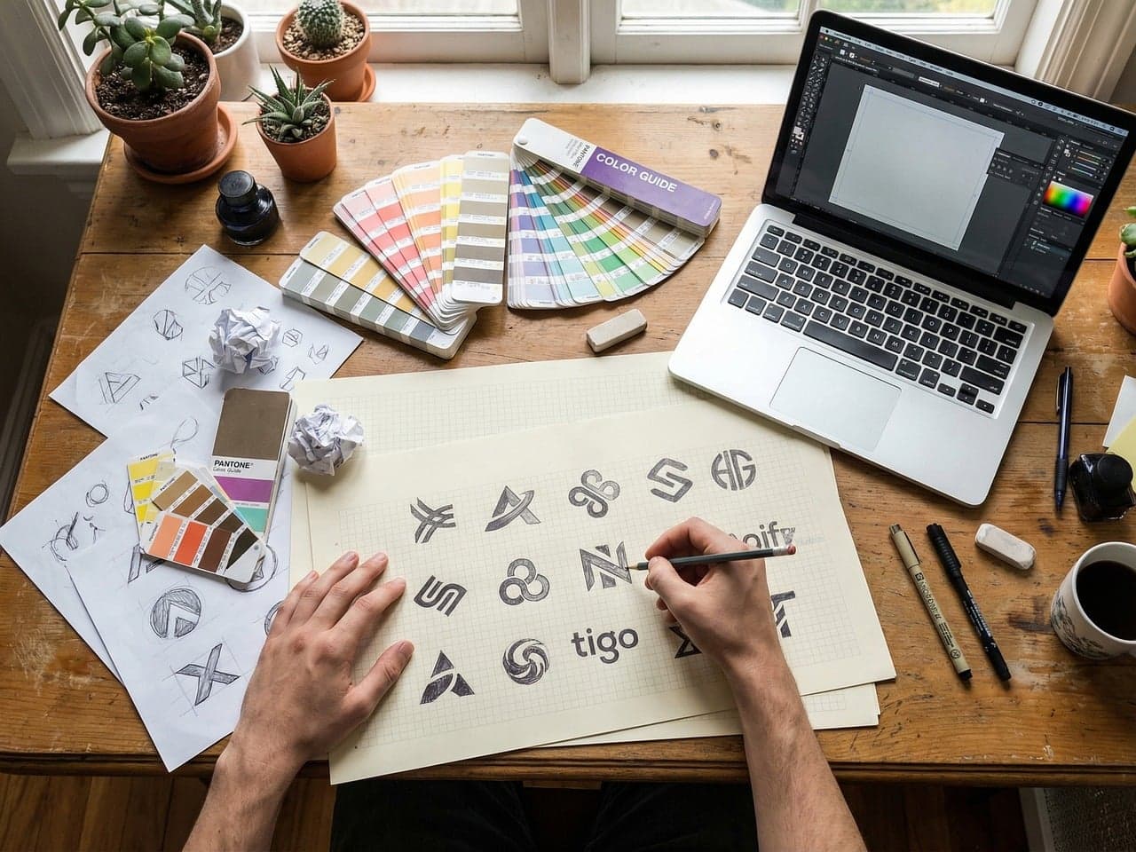 Graphic designer working on brand identity design at a laptop workspace