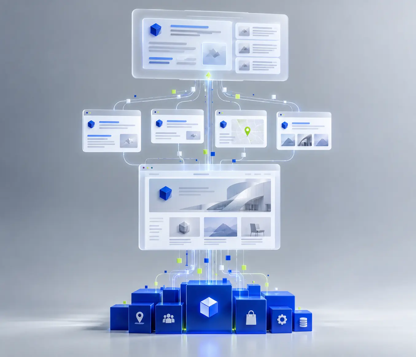Diagram showing business information flowing through a website into search and AI discovery