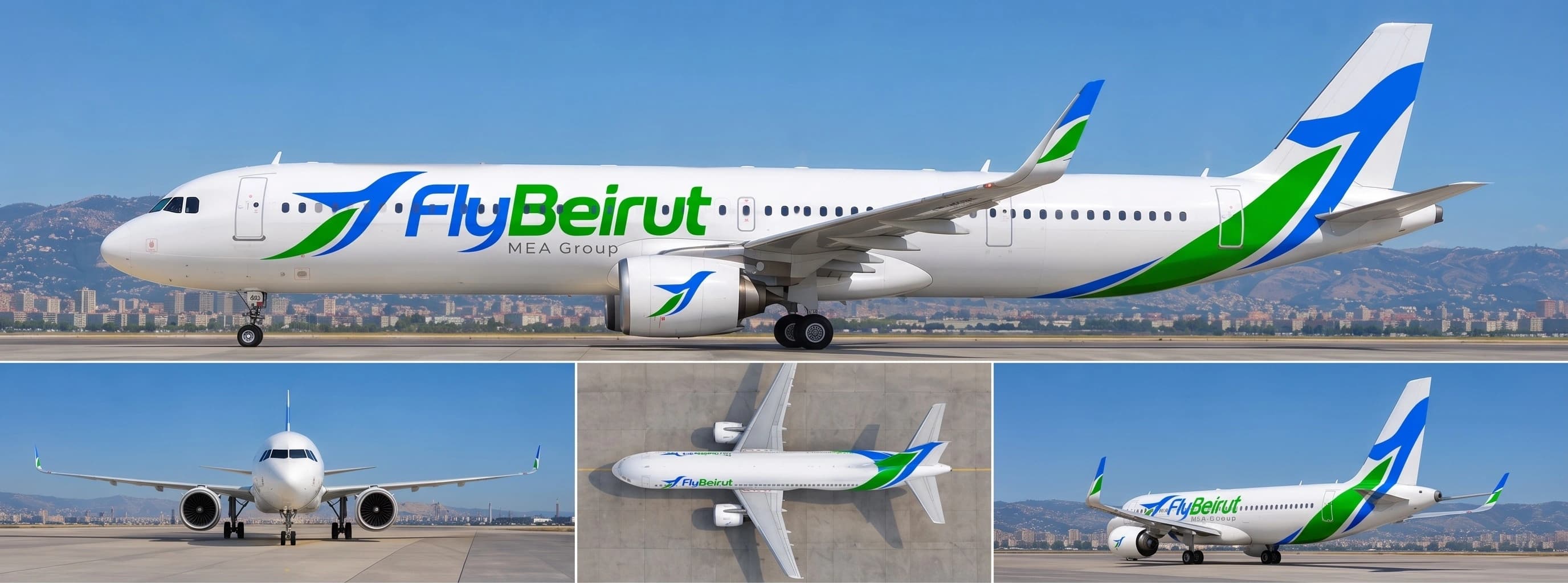 Fly Beirut conceptual brand identity showcasing bilingual English and Arabic logos, a dynamic flight emblem, and an Airbus A320 livery design.