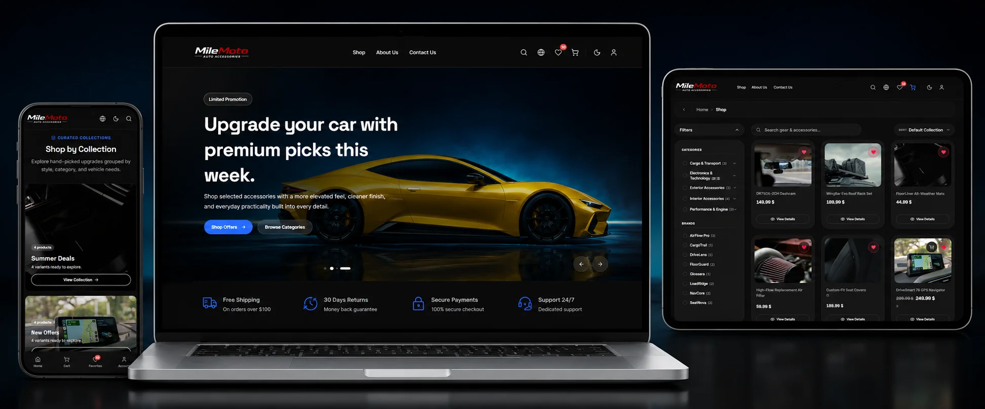 MileMoto automotive online store and ERP dashboard interface